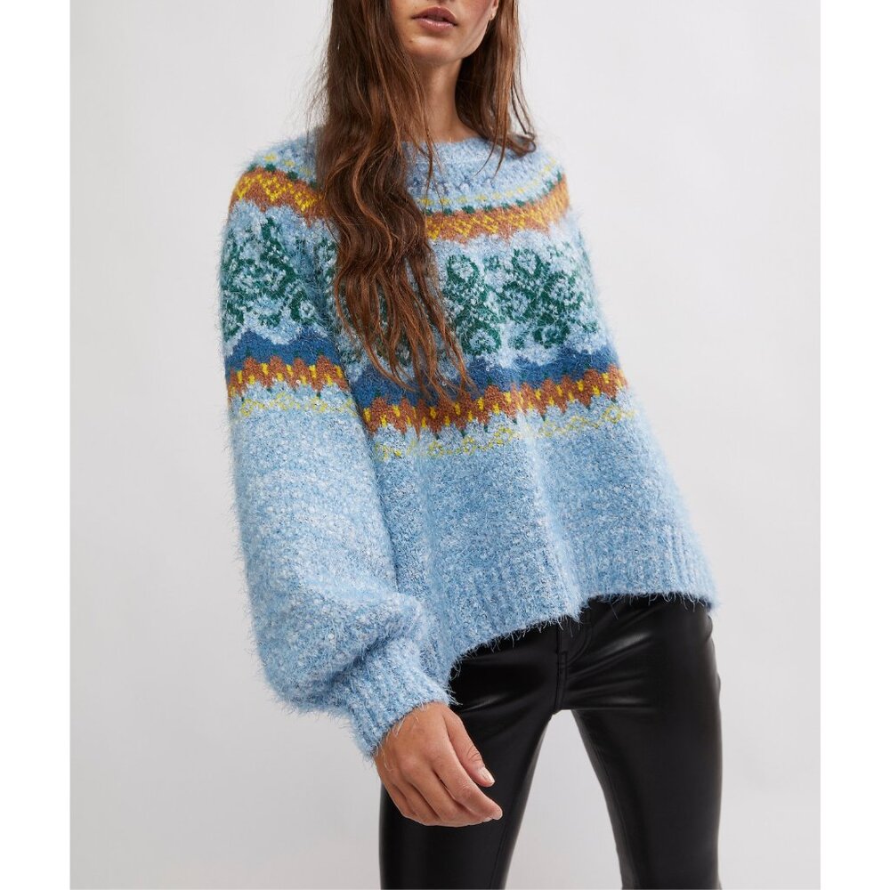 Free People Blue Multicolor Crew Neck Sweater